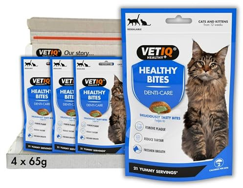 VETIQ Healthy Bites Denti-Care Treats For Cats & Kittens 12+ Weeks, High in Protein, Helps to Reduce & Prevent Plaque & Tartar & Freshens Breath, 65 g (Pack of 4)