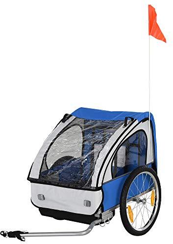 HOMCOM 2 Seat Bike Trailer Bicycle wagon for Kids Child Steel Frame Safety Harness Seat Carrier Hitch Coupler Blue White 130 x 76 x 88 cm