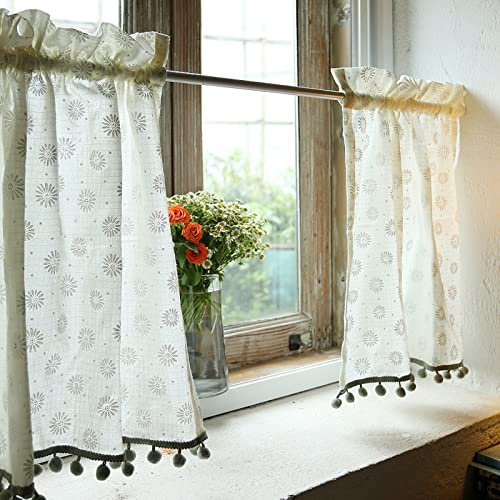 A.Monamour Tenda Corta per Finestra Piccola 2 Pannelli Bianco Grigio Cotone Lino Motivo Fiori Margherita Tendina Tenda da Cucina Bistrot Caffè Mezza Tenda Mantovana Tenda a Vetro Tenda Porta Armadio