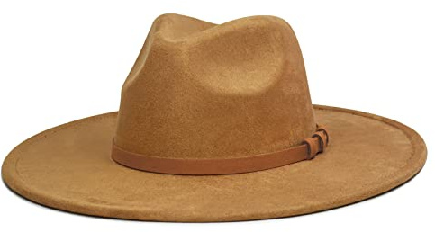 FLUFFY SENSE. Big Wide Brim Fedora Hat for Women - Nashville Outfits Western Hats Women's Felt Panama Rancher Hat (Caramel)