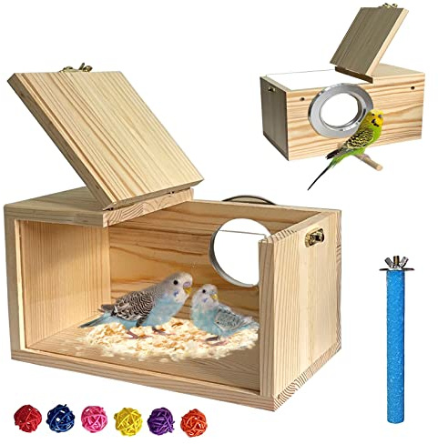 MUYG Transparent Parakeet Nesting Box,Wooden Parrot Nest Breeding Box with Perch Natural Bird House for Cage Suitable for Lovebirds Cockatiels Canaries