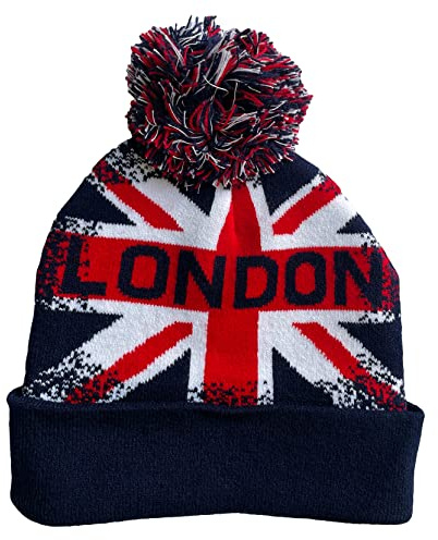Itzu Union Jack London stickad vintermössa mössa tofs pom pom uppfälld i marinblå röd grädde, Navy Splash Mix Bobble, en storlek