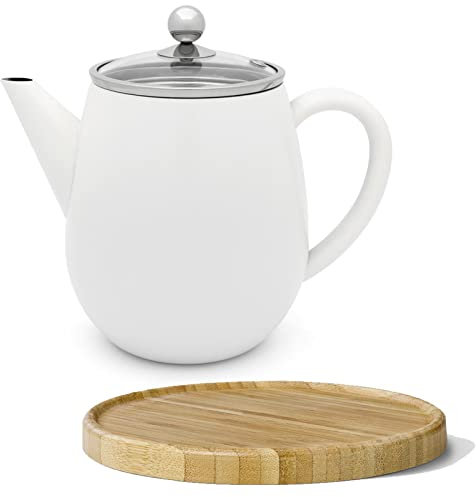 Bredemeijer doppelwandige Teekanne 1.1 Liter - weiße Edelstahl Kanne mit Glasdeckel - Tee-Filter Sieb-Einsatz & braunen Holzuntersetzer - ideal für losen Tee