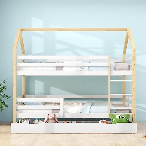 Daesar Rausfallschutz Bett Holz 90x200, Hausbett Etagenbett Kinder mit Schubladen, Bettgestell mit Lattenrost, Modern Kinderbett Ekrü Holzbett ohne Matratze