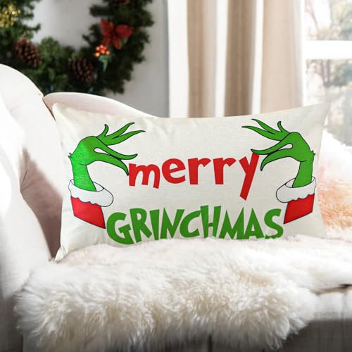 Ohok Dekorativ Weihnachten Kissenbezug 30x50 cm, Polyester Leinen Zierkissenbezüge Merry Christmas Kissenbezüge Dekor Kissenhülle Set für Schlafzimmer Wohnzimmer Sofa (Merry Grinchmas)