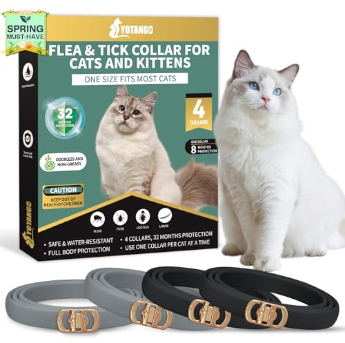 YOTANGO 4 Pack Flea Collar for Cats, 32 Months Flea and Tick Prevention for Cats, Waterproof Cat Flea Collar, Cat Flea and Tick Treatment, Adjustable Flea and Tick Collar for Cats Kittens-Black&Gray