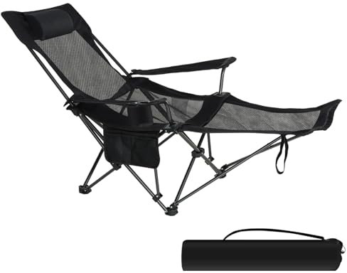 eSituro Campingstuhl klappbar, Angelstuhl faltbar, Klappstuhl mit abnehmbarer Fußablage Getränkehalter Tragetasche, Strandstuhl mit verstellbarer Rückenlehne, Campingliege Schwarz