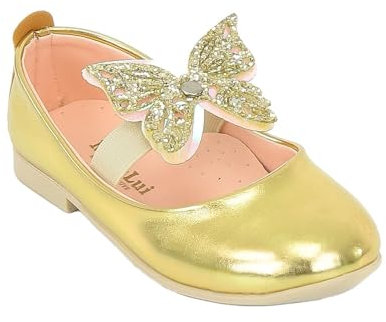 Girls Flat Mary Janes Sparkly Ballerina Dress Gold Shoes Communion Wedding Party Butterfly Strap Footwear Size UK Youth 2.5