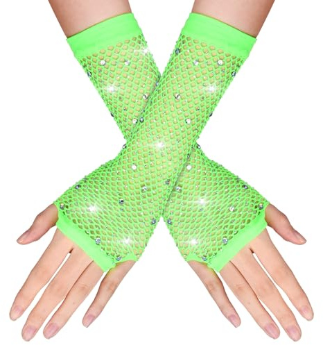 Yolev Rhinestones Long Fishnet Fingerless Gloves Sparkly Glitter Fish Net Gloves for 80s Fancy Dress Party Costume (Fluorescent Green)