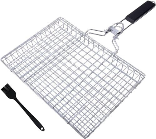 Jowenia Faltbar Fisch Grillkorb, Grillkorb Fischbräter mit Griff, 32x22x3.5cm Fischbräter Grill, Edelstahl Grillkorb für Fischgemüse Steak Garnelen und Koteletts