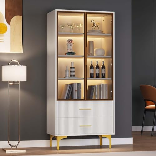 PUGSDRLY Armadio da vetrina con luci a LED,Armadio da camera con porta in vetro,Biblioteca, moderno mobili di stoccaggio con cassetti per cucina soggiorno e ufficio, bianco (B)