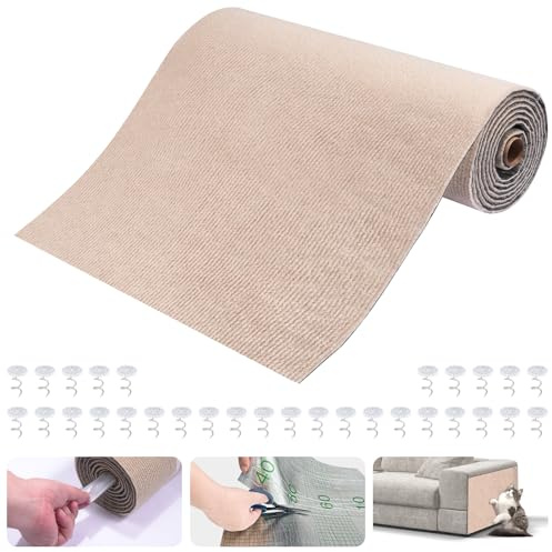 Large Cat Scratching Mat, 118x15.8 Self-Adhesive Cat Scratch Furniture Protector, Trimmable DIY Cat Wall Climbing Carpet, Cat Couch Protector, Cat Scratching Pad Replacement (Khaki, 30 Nails)