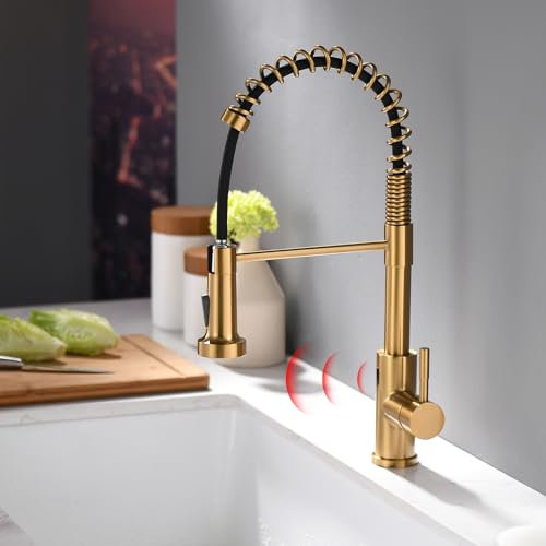TIMACO Rubinetto da cucina con sensore a infrarossi, con doccetta estraibile, girevole a 360°, per cucina, miscelatore monocomando per cucina, rubinetto a molla a spirale, colore oro spazzolato