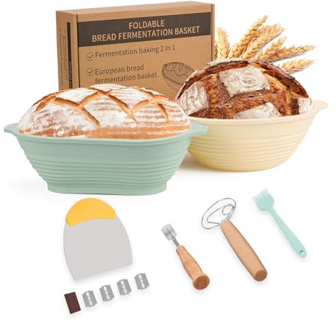 Clheatky Cestino Lievitazione Pane Set Da 2, 25cm Rotondo e Ovale Cesto Lievitazione Pan in Silicone, Utensili Completi per la Preparazione del Pane per Panettieri Professionisti e Casalingh