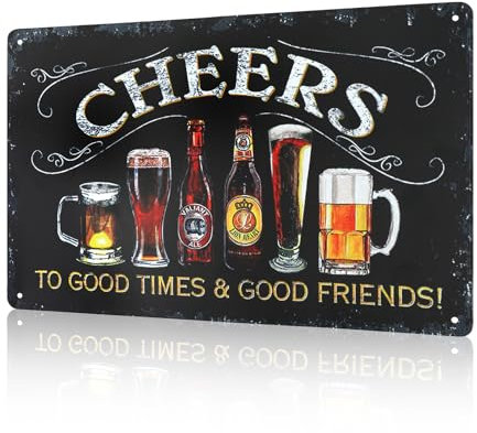 Metal Signs Vintage Bar Sign Beer Cheers Plaque Bar Accessories for Home Pub Outside Decorations Cheers to Good Time & Good Friends Man Cave Wall Garden Shed Retro Club Cheers Art Decor 8x12inch