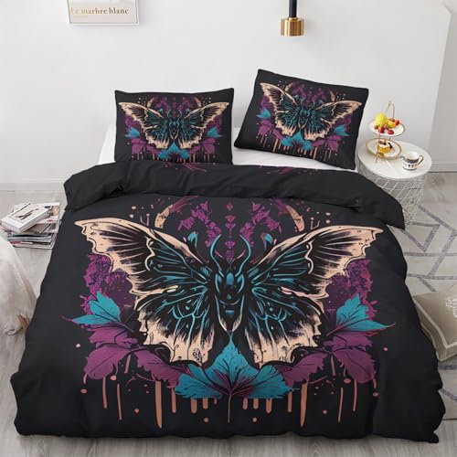 Generisch Bettwäsche 135x200 Tod Motte Motiv - Gotisch Bettbezug und 1 Kissenbezug 80x80, Weiche Bügelfreie Mikrofaser Deckenbezug 2er Set mit Reißverschluss, Wendebettwäsche & Deko M&-1916