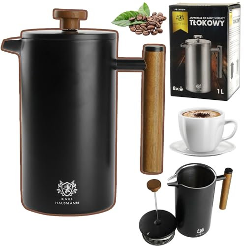 KARL HAUSMANN Cafetiere a Piston Inox - 1L - 8 Tasses - French Press Double Paroi - Cafetière Manuelle à Piston Camping Metal - Machine Cafe Piston - Thermo French Press Acier Coffee - Cafetier Piston