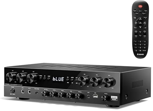 Donner Amplificateur Audio Ampli HiFi, 1000 W de Puissance Maximale 6 Canaux avec Bluetooth 5.3, USB, FM, 2 Entrées Micro, RCA, Fibre/Coaxial Entrées pour Haut-parleurs Domestiques, Karaoké