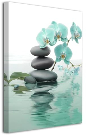 LZIMU Zen Bathroom Wall Art Orchid Flower with Zen Stones Pictures Spa Painting Still Life Canvas Prints for Meditation Spiritual Room Decor Framed (Teal, 18L x 12W)