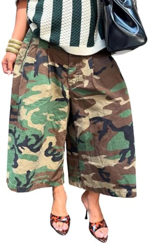Vakkest Cargo Camouflage Denim Pants for Women Wide Leg Camo Trousers Plus Size Army Fatigue Y2k Barrel Harem Jeans
