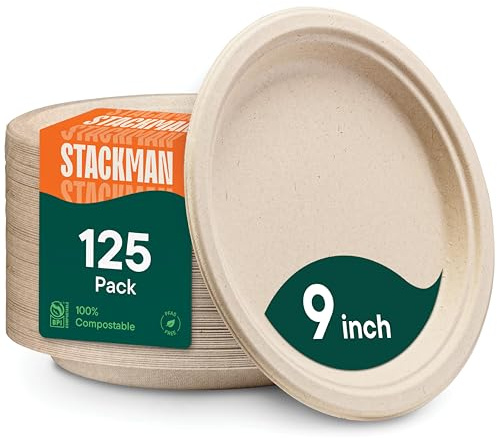 100% Compostable Paper Plates, Heavy Duty Disposable Plates [125-Pack] 9 Inch Plates - Eco-Friendly, Biodegradable Sugarcane Bagasse, Natural Unbleached Brown 9 Dinner Paper Plate Disposable