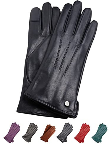 AKAROA ESTD 2019 Lederhandschuhe Damen ANN, Touchscreen Funktion, italienisches Leder, recyceltes Strickfutter aus 50% Kaschmir und 50% Wolle, 4 Größen S - XL, schwarz, S - 7