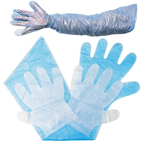 Doerdo Lot de 50 gants jetables à bras long, 50 gants courts en PVC, gants vétérinaires à manches longues, 88,9 x 16 cm