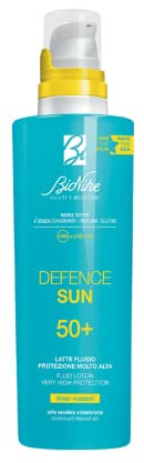 Bionike Defence Sun - Latte Fluido Solare Corpo per Pelli Sensibili e Intolleranti SPF 50+, Azione Protettiva e Antiossidante, Waterproof e non Appiccicoso, Rafforza e Ripara la Pelle, 200 ml