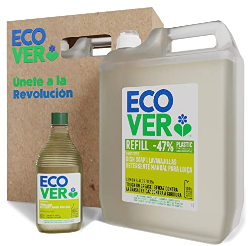 Ecover Pack Lavavajillas líquido, Pack Botella de 450ml + Refill de 5L, fragancia Lemon & Aloe
