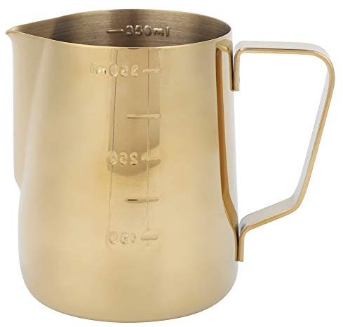 Milk Frothing Pitcher, 350ml, Stainless Steel, Gold | Milk frothing cup, With measurement scale, Thickened, spout for Latte art, For home & cafe