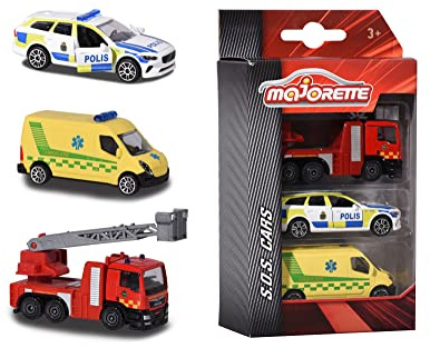 Majorette 212057262033-3-Pack Svenska Utryckningsfordon med Polisbil i Volvo V90 Modell, Ambulans och Brandbil i Metall med Frihjul och Rörliga Delar, 7,5 cm, Från 3 år, Flerfärgad