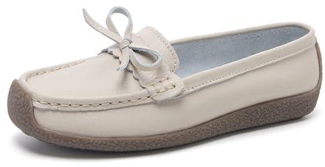 Solaud Mujer Cuero Mocasines Cómodos Zapatos Oxford Antideslizantes Conducir Ligeros Casuales Oficina Viajar Caminar Sin tacón Zapatos Loafers Blanco Claro 43 EU