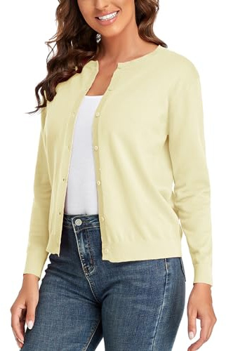 CUNYI Cardigan Donna Maglia con Bottoni Girocollo Classico Manica Lunga Giacca Cappotto Elegante, Giallo Chiaro XXL