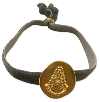 Pulsera Virgen del Rocío Dorada con Correa Terciopelo Elástica Ajustable Navidad, Reyes, Confirmación, Cumpleaños, Aniversario, Fiesta (Gris)