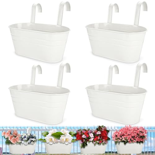 DAJAVE 4 Stück Metall Blumentopf Hängend, 27.5cm Hängeblumentopf, Hängende Blumentöpfe Weiß, Blumentopf Balkongeländer Große Blumenkasten Hängend Für Balkon Zaun Garten