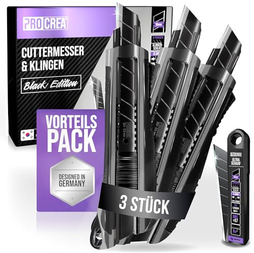 PROCREA® Premium 3er Cuttermesser & Klingen Set Black Edition [Extrem Robust & Ultrascharf] Das 18 mm Teppichmesser in bester Qualität - inkl. extra starken & scharfen Qualitäts-Abbrechklingen