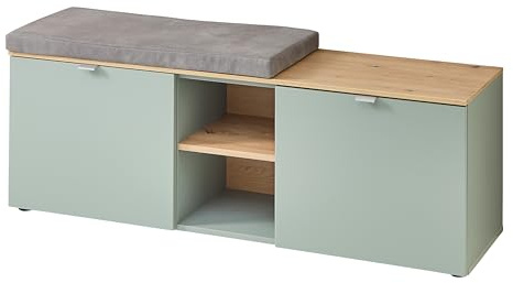 BARI Schuhbank in Schilfgrün, Artisan Eiche Optik FSC-Zertifiziert - Moderne Sitzbank mit Stauraum für Ihren Flur - 128 x 50 x 38 cm (B/H/T)