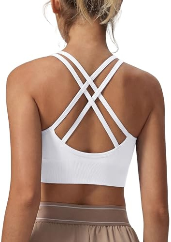 Leversic Sports Bra for Women Padded Yoga Bra Mid Impact Sports Bra Strappy Cross Back Crop Top for Fitness Yoga Gym(White,XL)