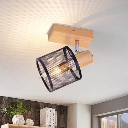 Deboola Foco de Techo de 1 Fuego Negro - Lámpara de Techo E14, Spot Orientable Vintage, Lámpara de Cocina de Madera, Spot LED para Sala de Estar, Dormitorio, Pasillo, MÁX. 40W Sin Bombilla