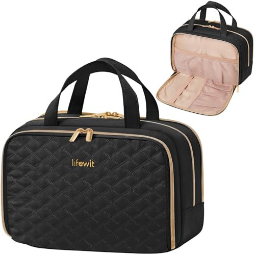 Lifewit Reise Kulturtasche Damen, 10L Groß Wasserabweisende Kulturbeutel mit Nassfach, Tragbare Schminktasche Waschtasche Organizer für Make up, Zubehör, Shampoo, Oilettenartikel, Alltag, Schwarz