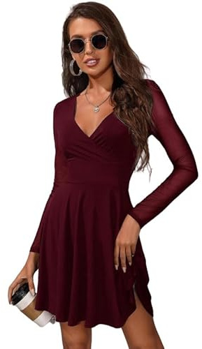 Haibang Vestidos de Fiesta Mujer Elegantes Manga Larga Vestido Corto de Malla con Cuello en V Bodycon Mini Vestido Ajustado Sexy Vestido para Fiesta Cóctel Noche Club Ceremonia Casual Otoño Invierno