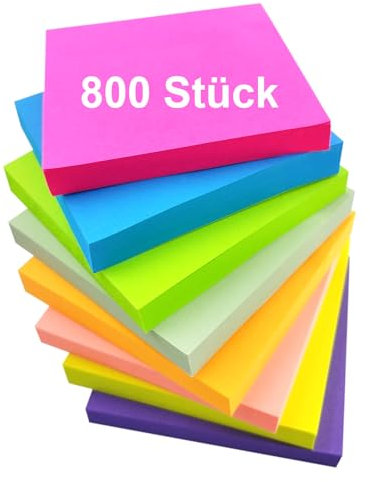 800 Stück Haftnotizen, Bunt Sticky Notes, 8 x 100 Blatt Haftnotizzettel, Selbstklebende Klebezettel für Markieren und Hervorheben von Seiten,Checkliste oder To-Do-Liste,Schule(7,6 x 7.6 cm, 8 Farbe)