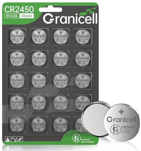 Granicell CR2450 Battery Lithium 3V Coin Long Lasting Battery, Child Safety, Suitable for Key Fobs, Remote Control, Alarm Clock and More (CR2450-20)