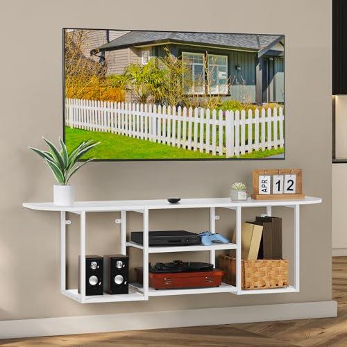 UOMIO Mueble de TV flotante de 120 cm en color blanco – Moderno mueble bajo de pared con compartimentos abiertos, ahorro de espacio, centro de entretenimiento para sala de estar