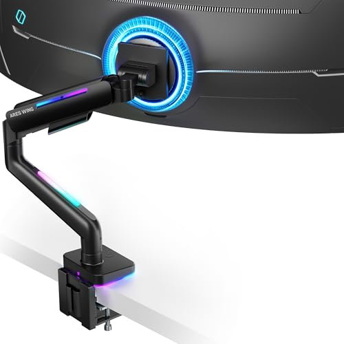 Ares Wing monitorfäste för 17 till 49 tum böjd och ultrabid skärm, monitorarmstöd upp till 20 kg, justerbar gasfjäderklämma och genomföring enkel monitorfäste, svart
