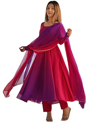 GoSriKi Georgette Anarkali Solid Kurta avec pantalon et dupatta pour femme, Rose, 42