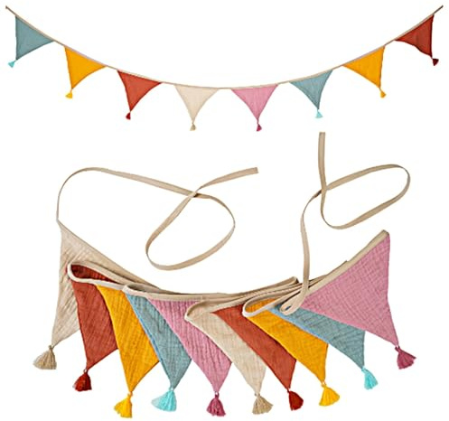LUMOOM Guirlande de fanions pour Chambre d'enfant 2.6 m, Guirlande pour Chambre d'enfant Fanion décoratif, Tissu en Mousseline de Coton, Décoration pour Fille et garçon (Couleur de Bonbon)