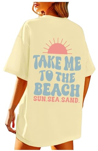 Haut enveloppant, T-shirts graphiques pour femmes Vintage Baggy Chemises esthétiques d'été Coton Vacances Hauts Pulls Asymétrique, Jaune clair., XXL