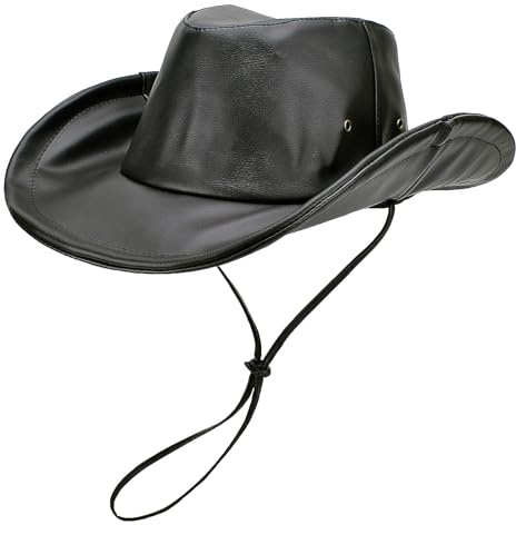 EINSKEY Unisex Leather Fedora Hat Panama Hat Western Cowboy Cowgirl Hat with Shapeable Brim, UPF50+ Sun Protection & Packable Black
