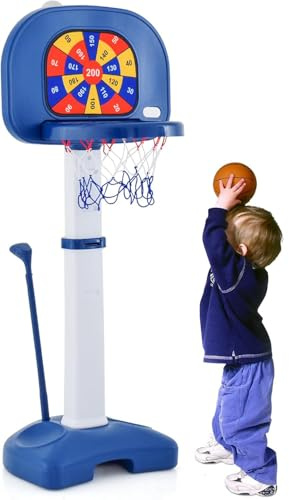 GOPLUS Canasta de Baloncesto para Niños 4 en 1, Centro de Actividades Deportivas con Baloncesto, Juego de Diana, Golf, Lanzamiento de Aros, Altura Ajustable, para Niños de 3+ Años